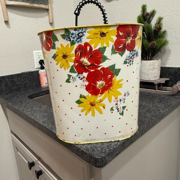 1950's Retro N.C. Color Ware Yellow & White Floral Metal Waste Bin - Picture 10 of 17